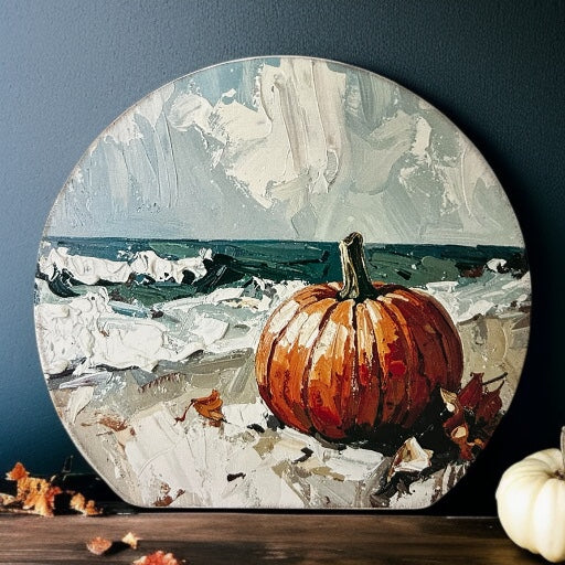 Fall Pumpkin on Beach - Wood Autumn Decor Circle Sign