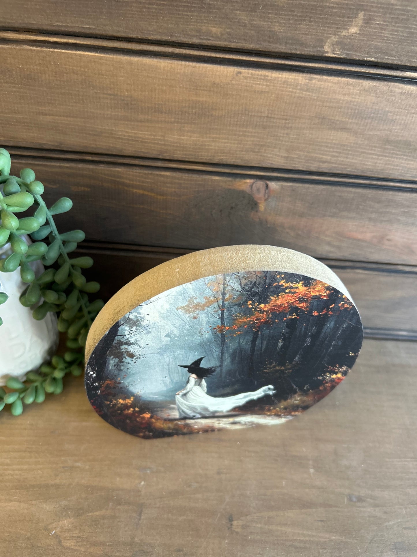 White Witch in Woods -Halloween/Fall Decor Circle Wood Sign