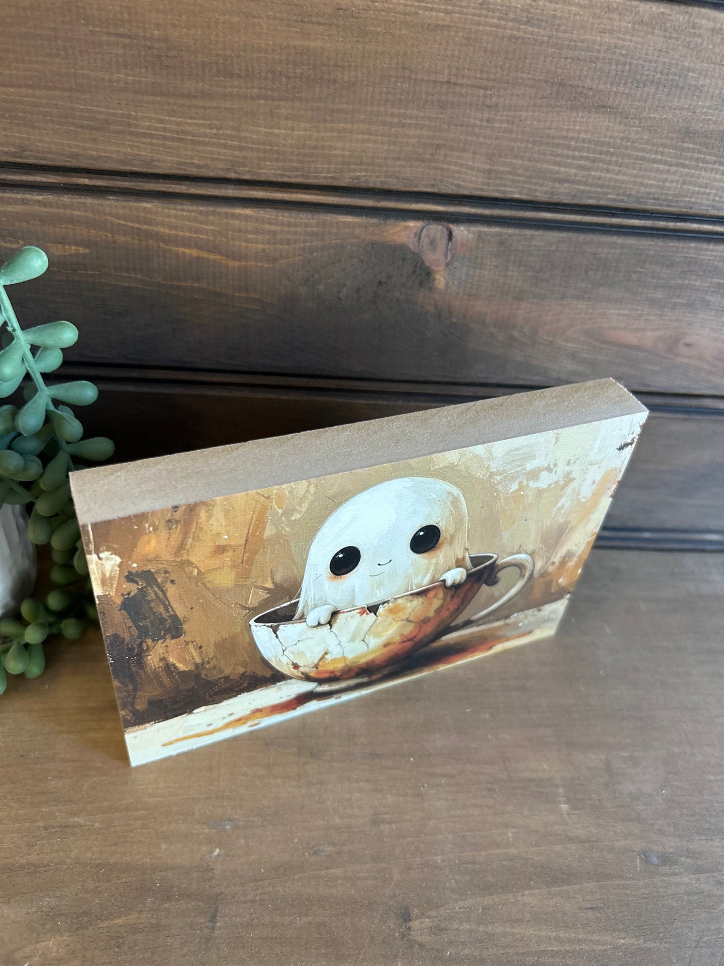 Ghost in Teacup - Fall/Halloween Decor Rustic Wood Sign
