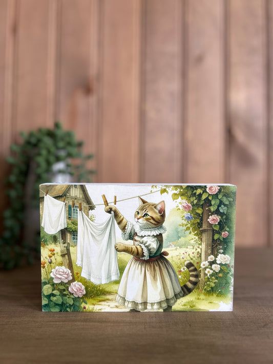 Cat Hanging Laundry - Rustic Animal Spring Decor Wood Sign