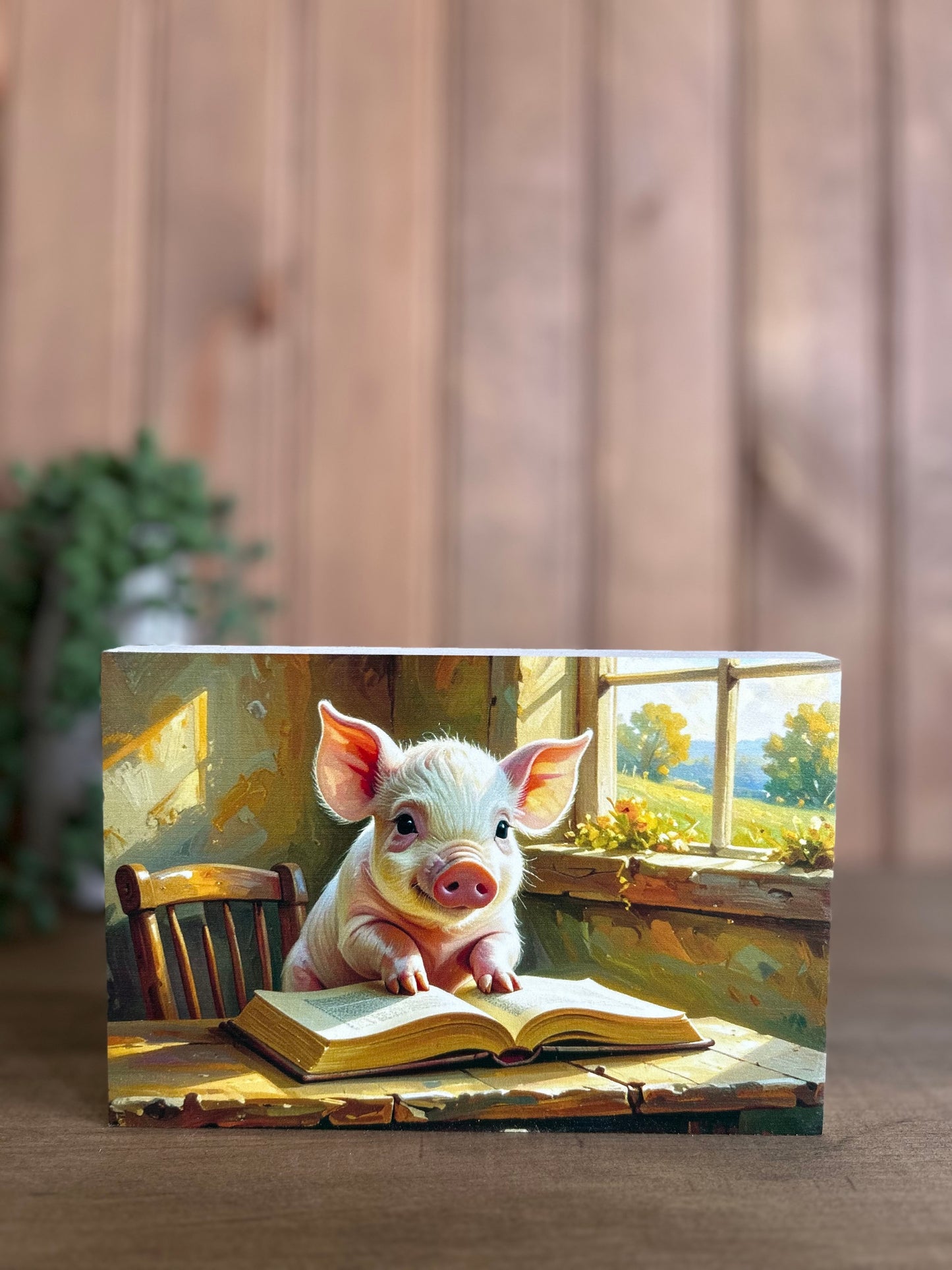 Pig Reading Book - Rustic Animal Spring Decor Wood Sign