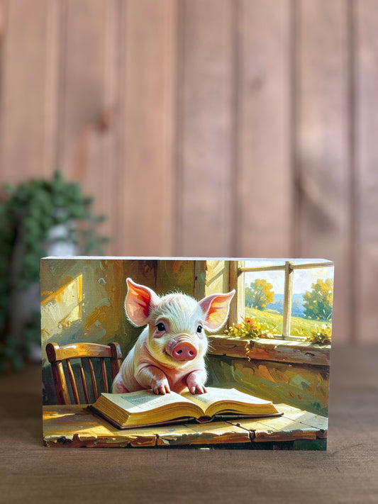 Pig Reading Book - Rustic Animal Spring Decor Wood Sign