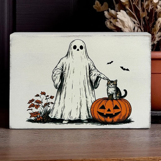 Vintage Ghost with Cat- Autumn/Fall Decor Rustic Wood Sign