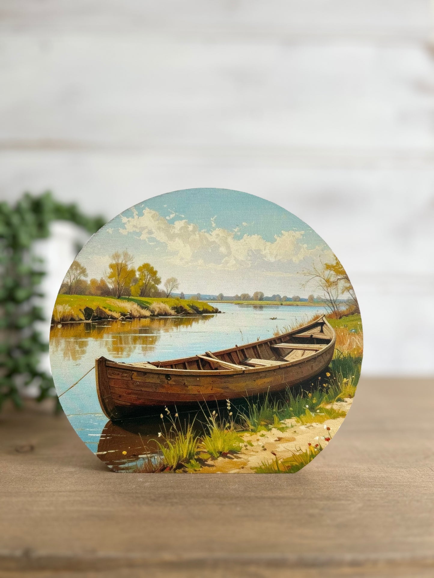 Canoe By River - Rustic Country Decor Circle Wood Sign