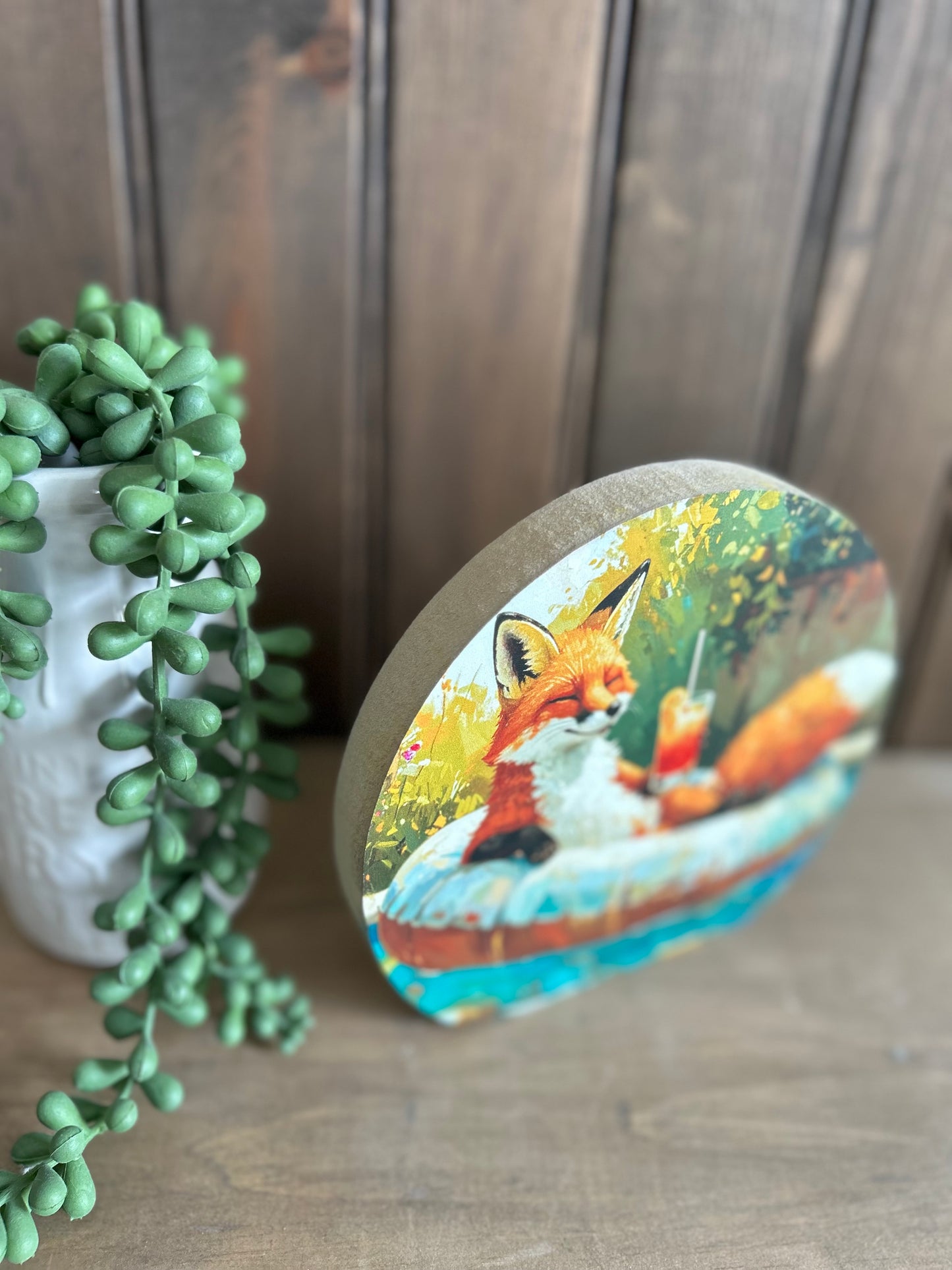 Fox In Tube - Rustic Summer Country Decor Circle Wood Sign