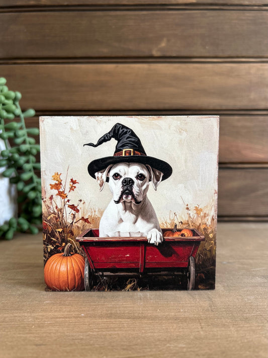 Halloween White Boxer Dog Wood Sign - Fall Pet Home Decor