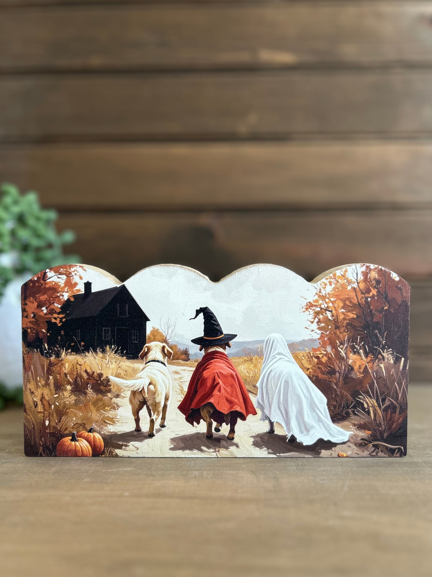 Dogs Trick or Treat-Fall/Halloween Decor Scalloped Wood Sign