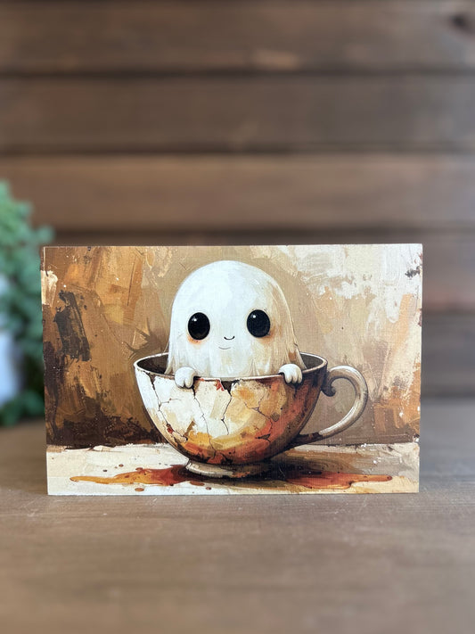 Ghost in Teacup - Fall/Halloween Decor Rustic Wood Sign
