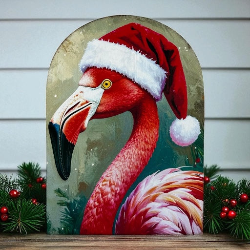 Flamingo in Santa Hat Wood Arch-Christmas 2025 Decor Sitter