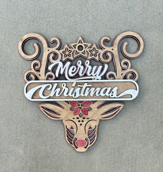 Merry Christmas Reindeer Head Wood Door Hanger