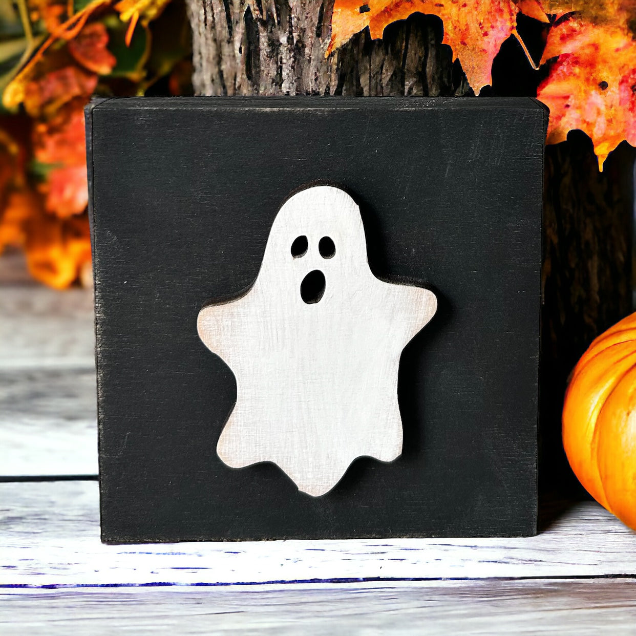 Ghost - Rustic Wood Halloween Block Sign