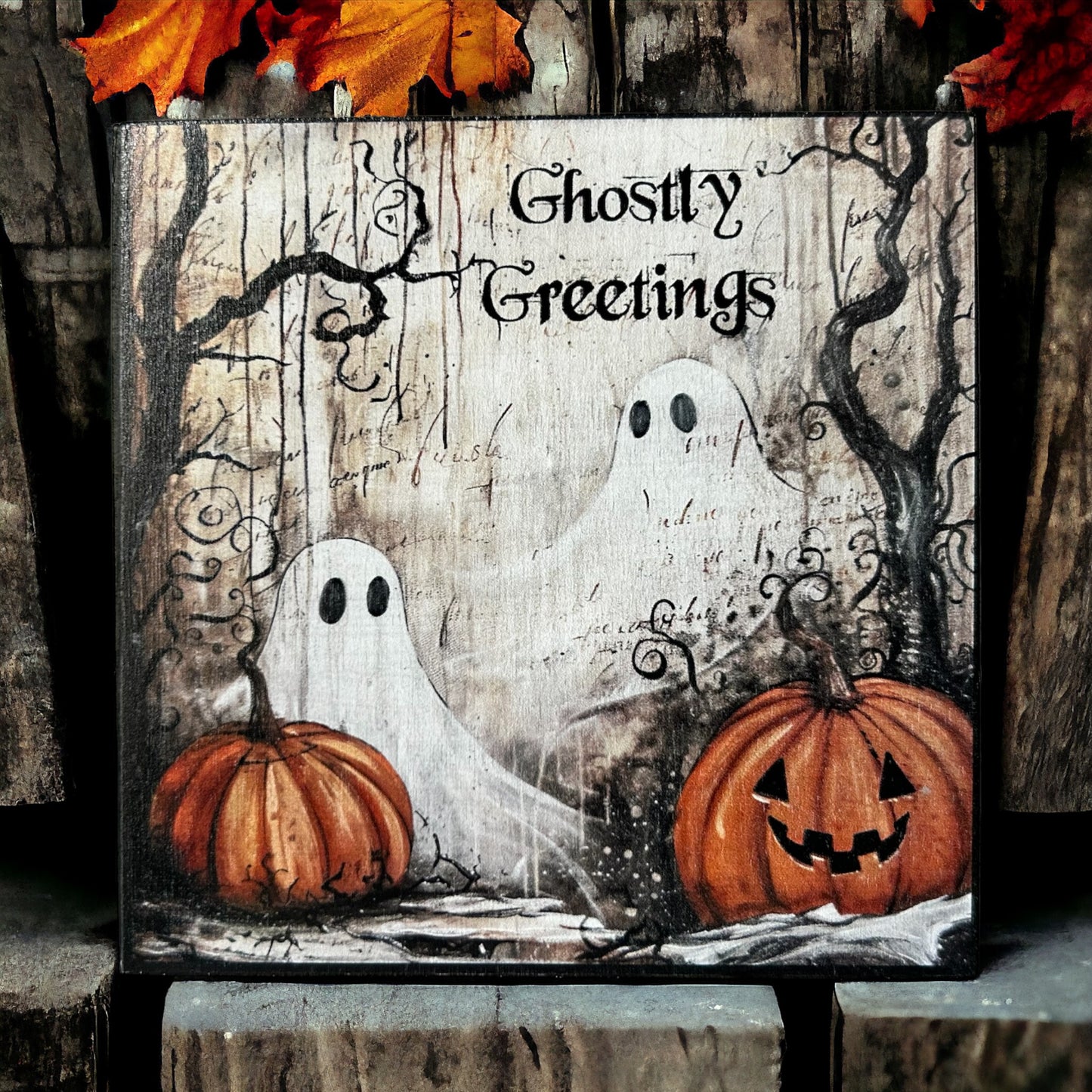 Ghostly Greetings - Vintage Halloween Wood Sign