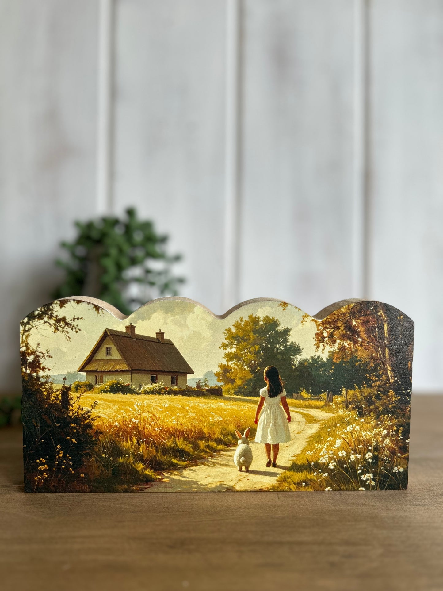 Girl With Bunny - Rustic Spring Decor Scalloped Wood Sign