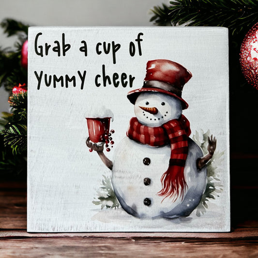 Yummy Cup Of Cheer - Rustic Wood Christmas Shelf Sitter