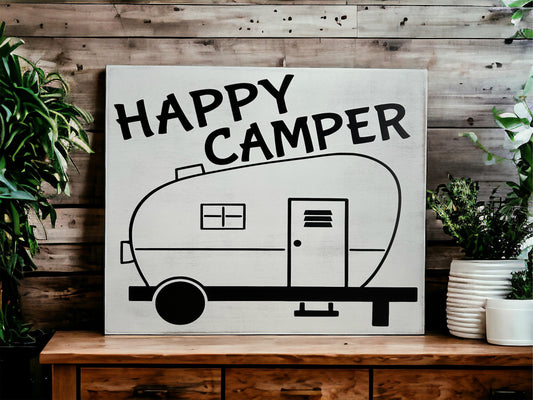 Happy Camper - Rustic Wood White Sign