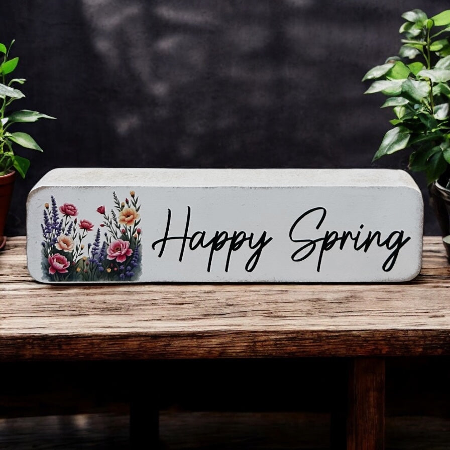 Happy Spring Flowers - Rustic Wood Spring Decor Bunny Sign