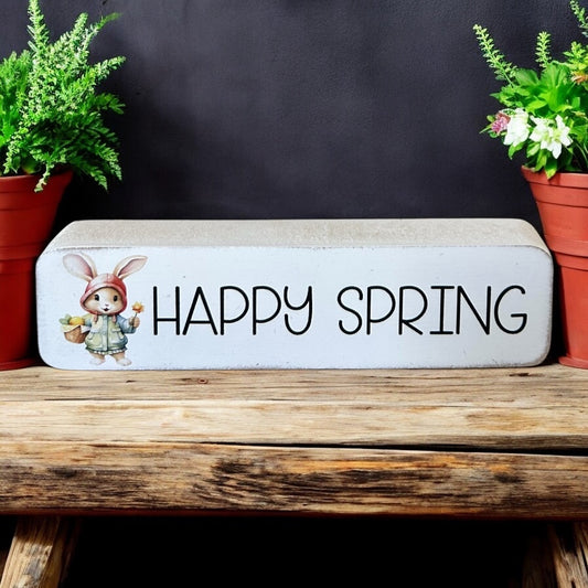 Happy Spring - Rustic Wood Country Spring Decor Bunny Sign