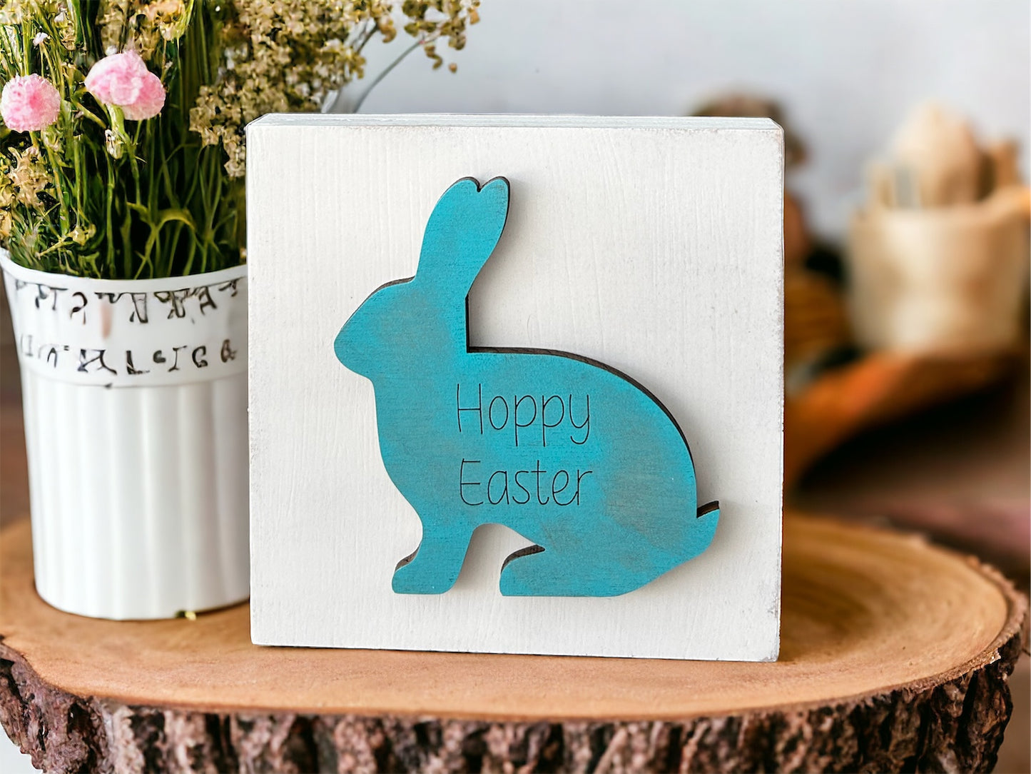 Rustic/Farmhouse “Hoppy Easter” Engraved Bunny Wood Block