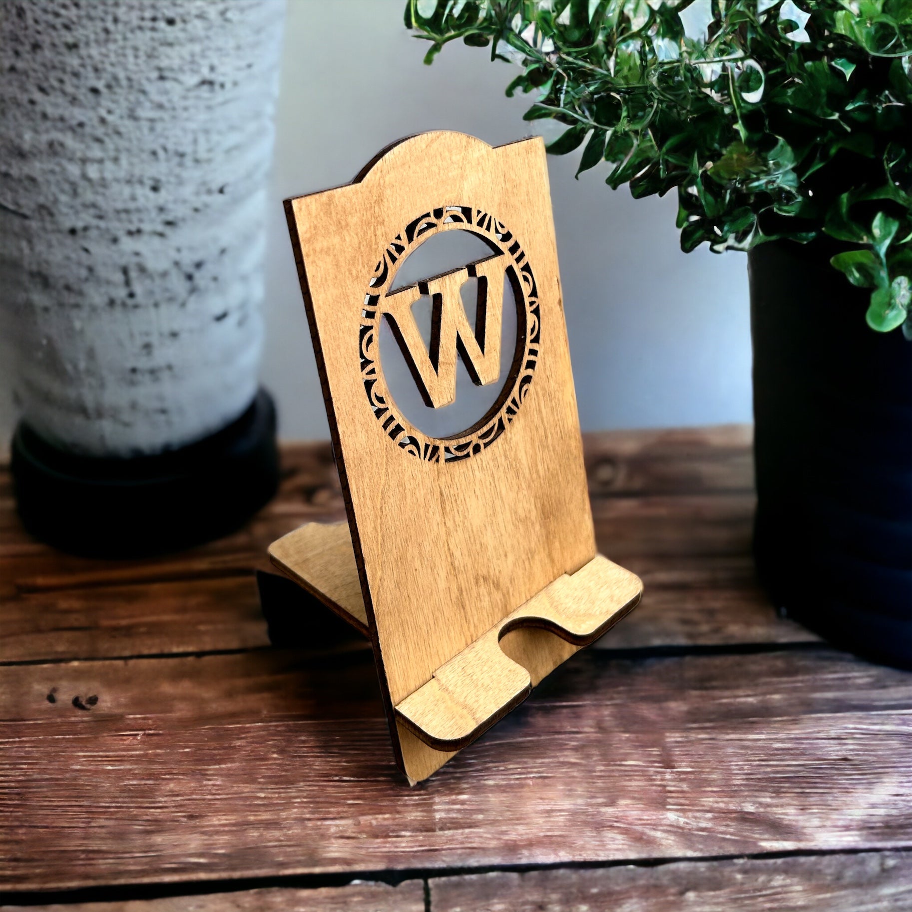 Wood monogram "W" phone stand