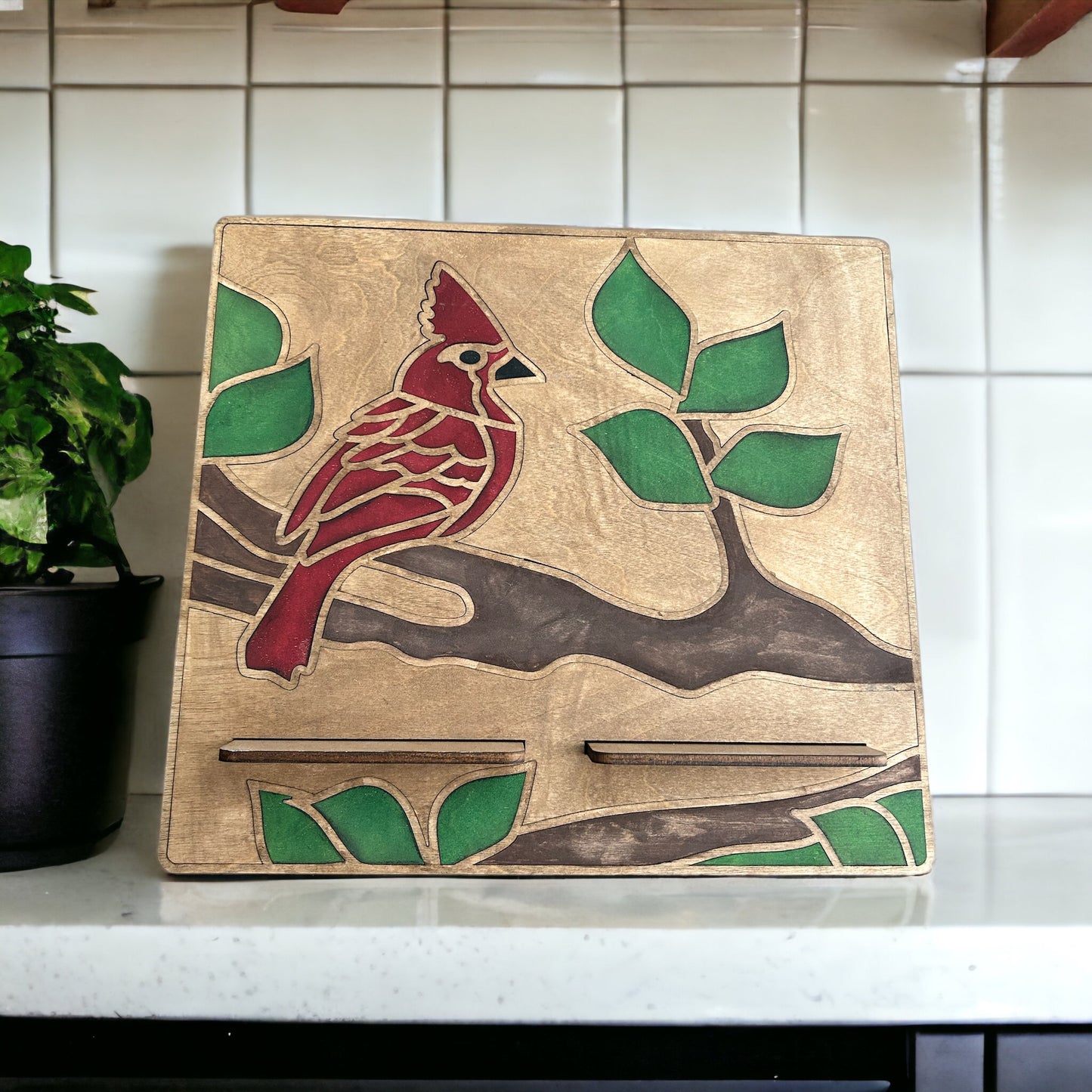 wood cardinal iPad/cookbook stand