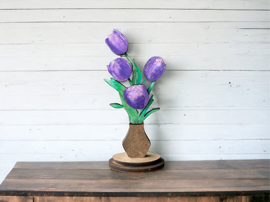 Hand-Painted Wood Tulips Flowers in Vase Stand - Mother's Day Gift