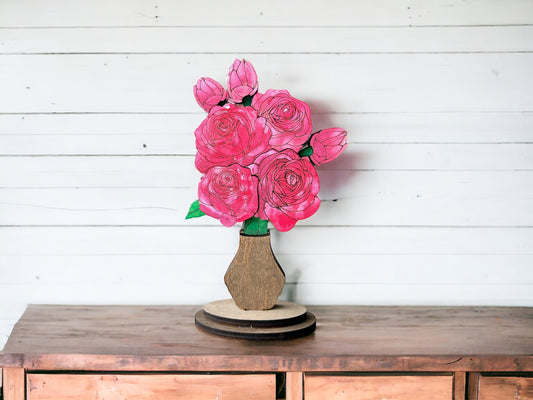 Hand-Painted Wood Roses Flowers in Vase Stand - Mother's Day Gift