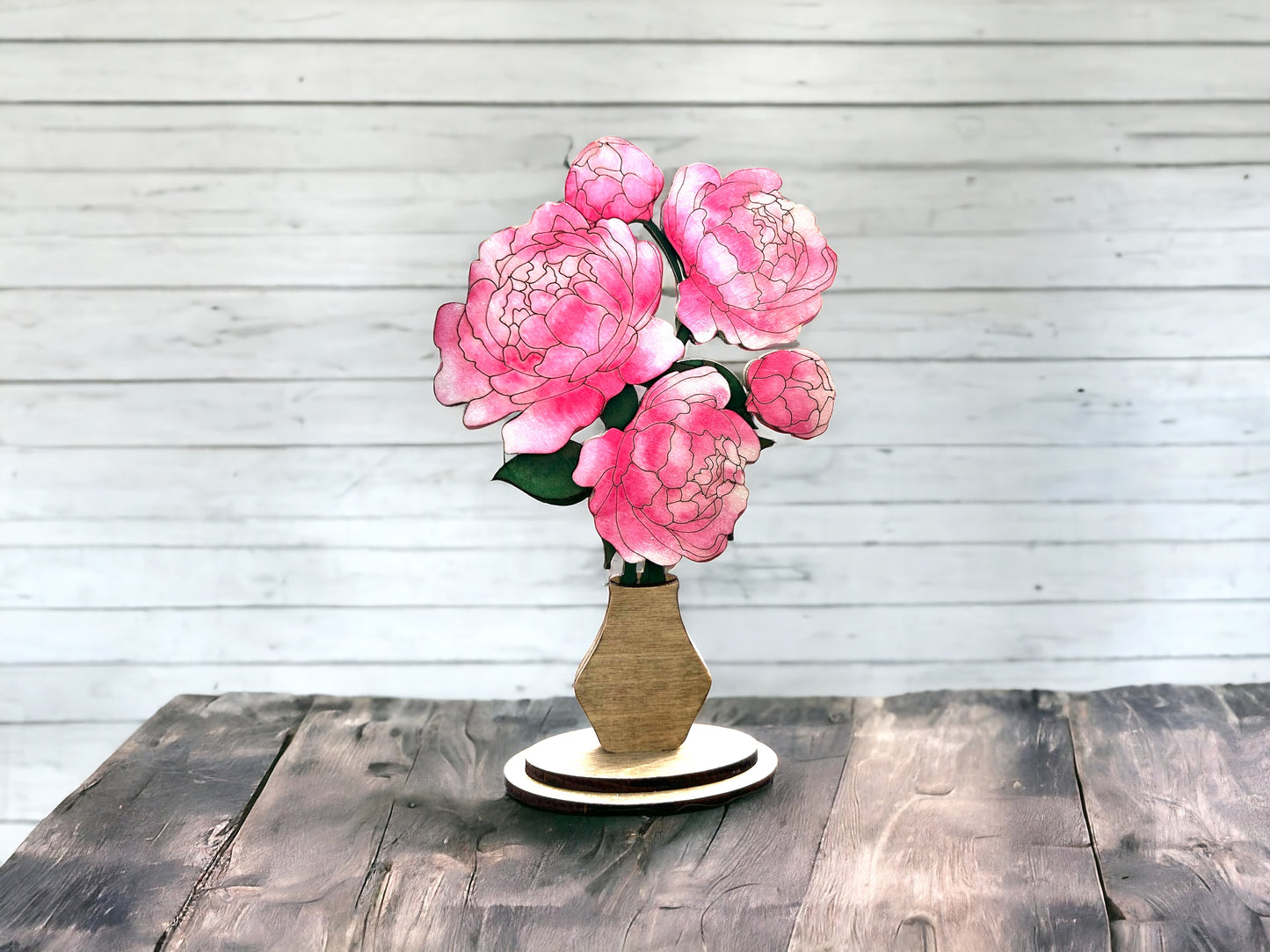 Hand-Painted Wood Peony Flowers in Vase Stand - Mother's Day Gift