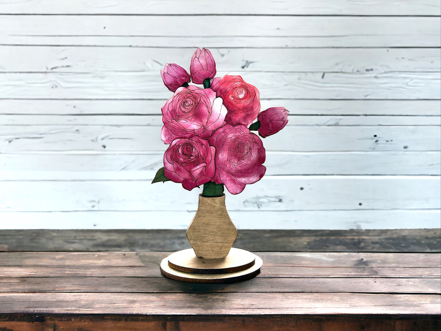 Hand-Painted Wood Roses Flowers in Vase Stand - Mother's Day Gift