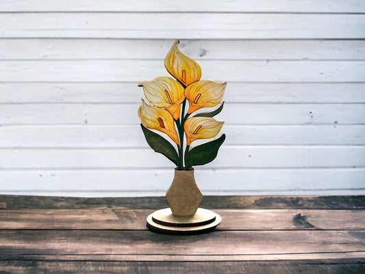 Hand-Painted Wood Lily Flowers in Vase Stand - Mother's Day Gift