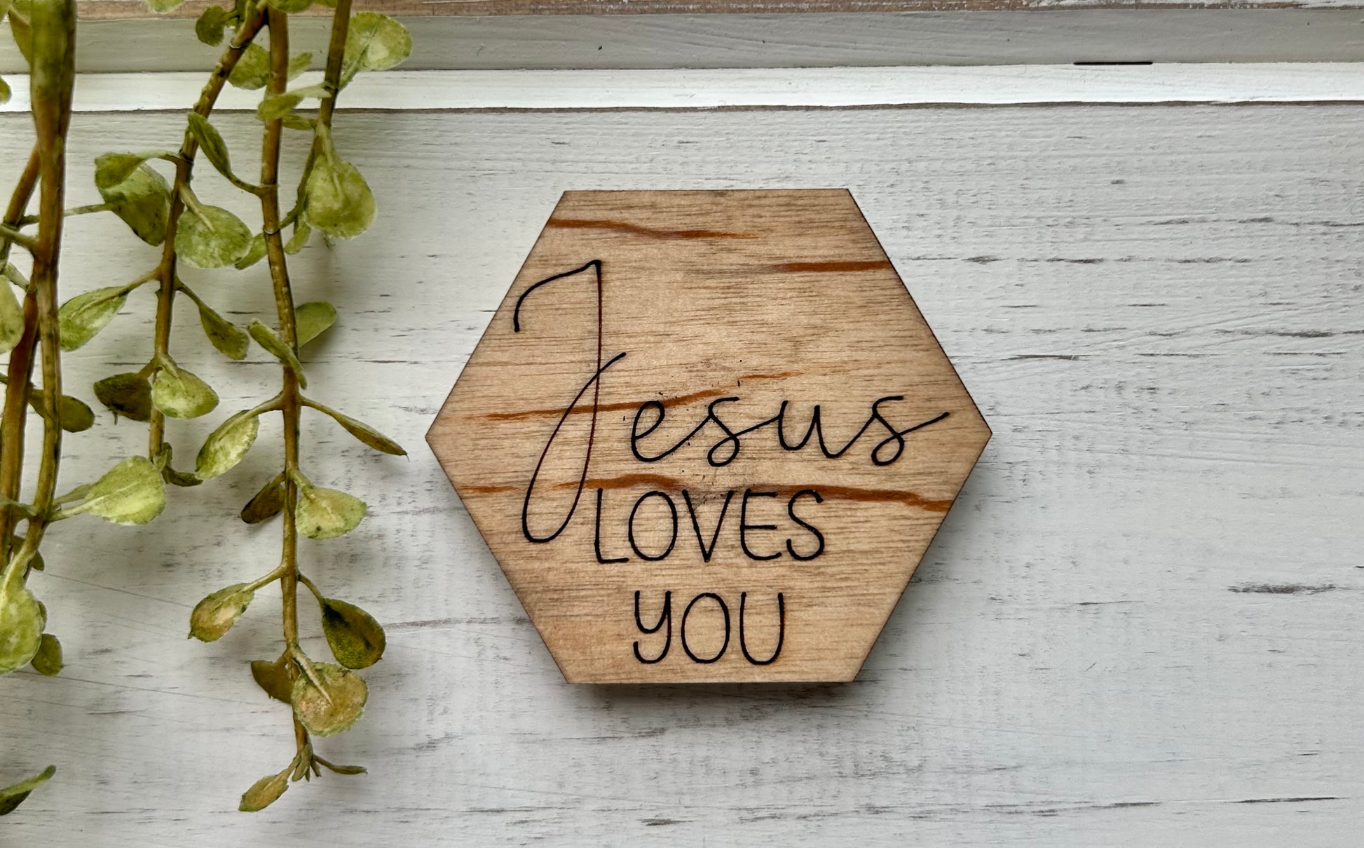 wood "Jesus loves you" magnet