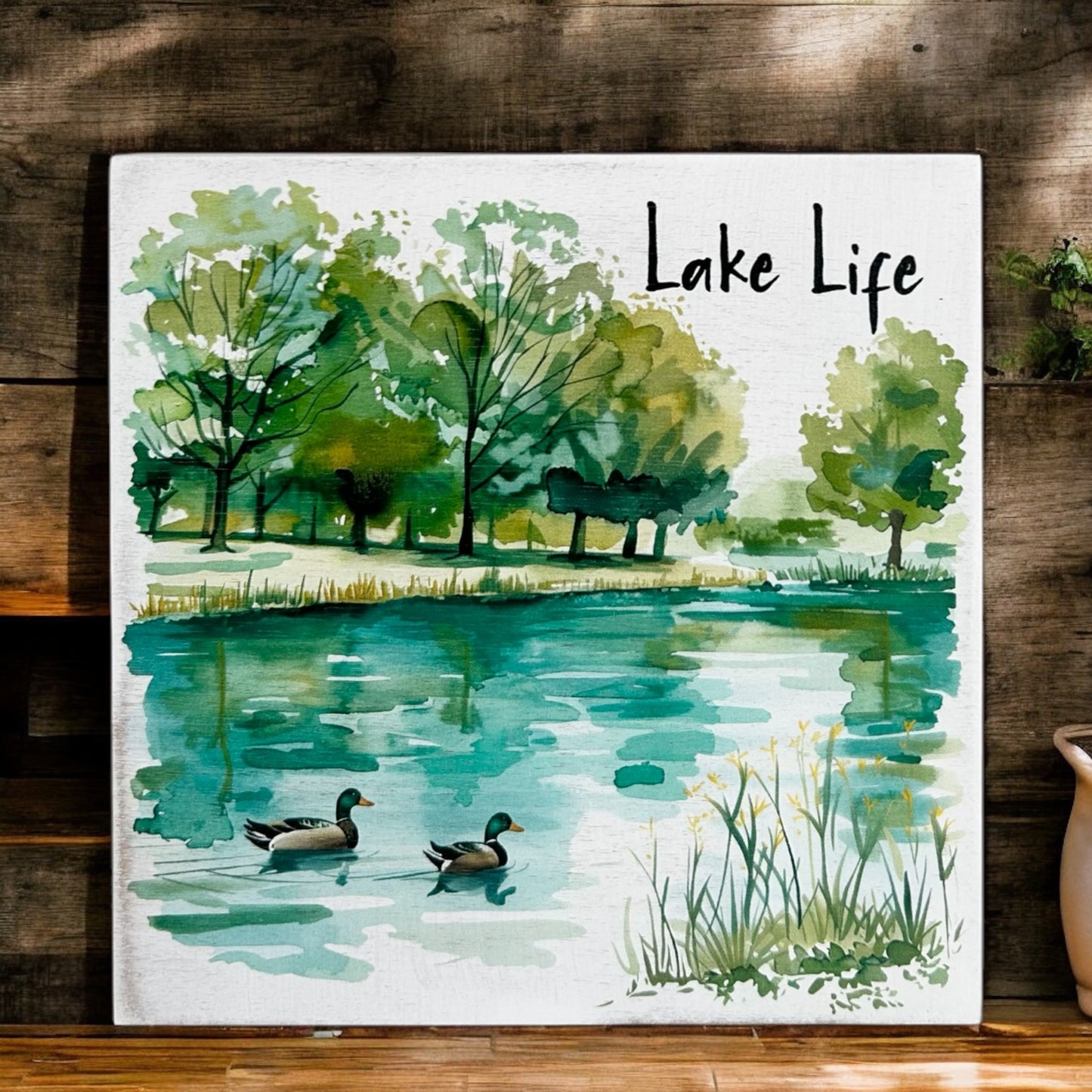 Lake Life - Watercolor Style Lake Wood Sign Summer Décor