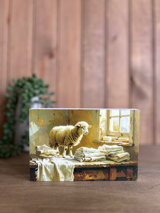 Lamb Doing Laundry - Rustic Animal Spring Decor Wood Sign 
