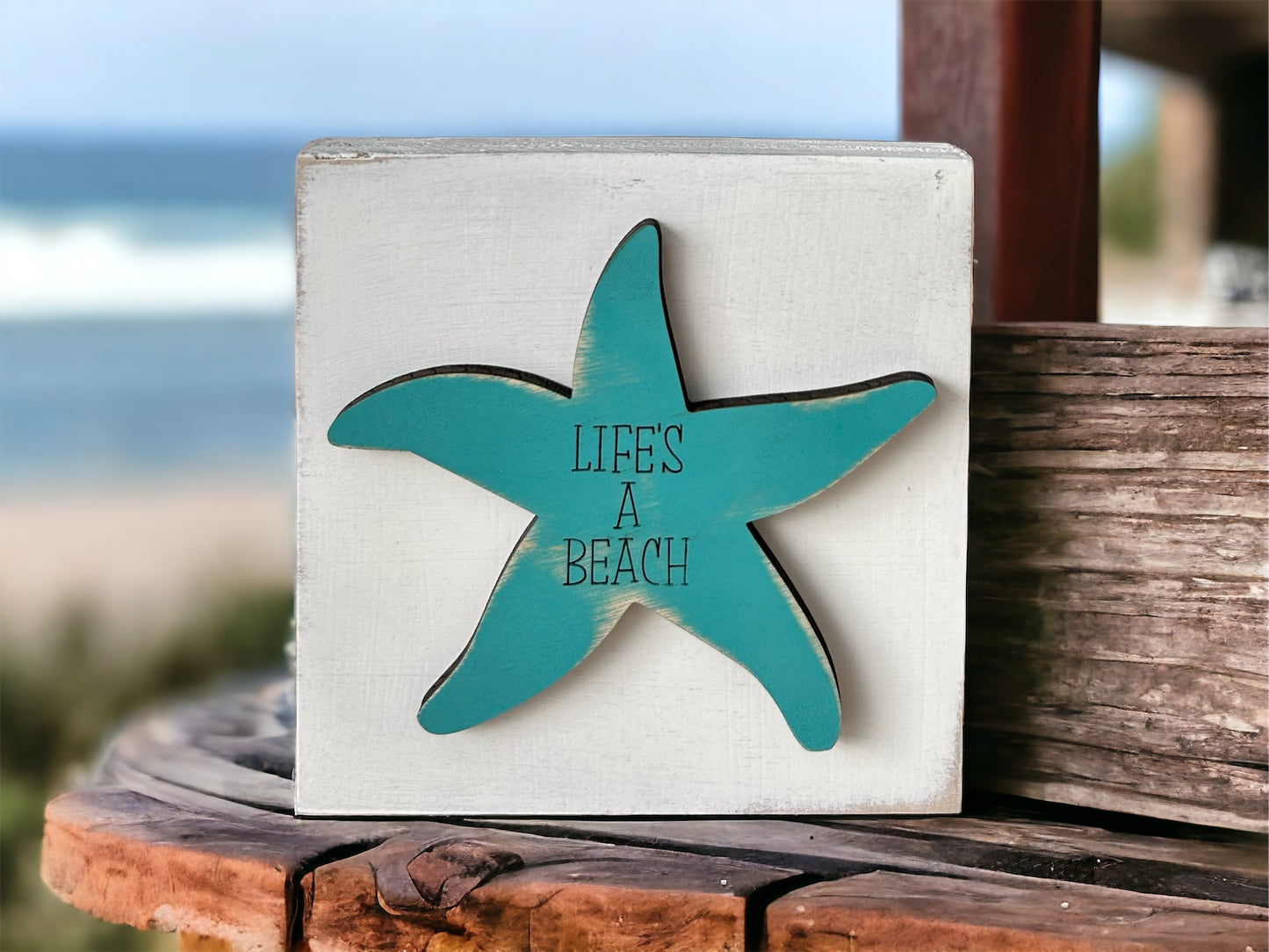 Starfish "Life’s a Beach" Engraved Wood Rustic Block Sign