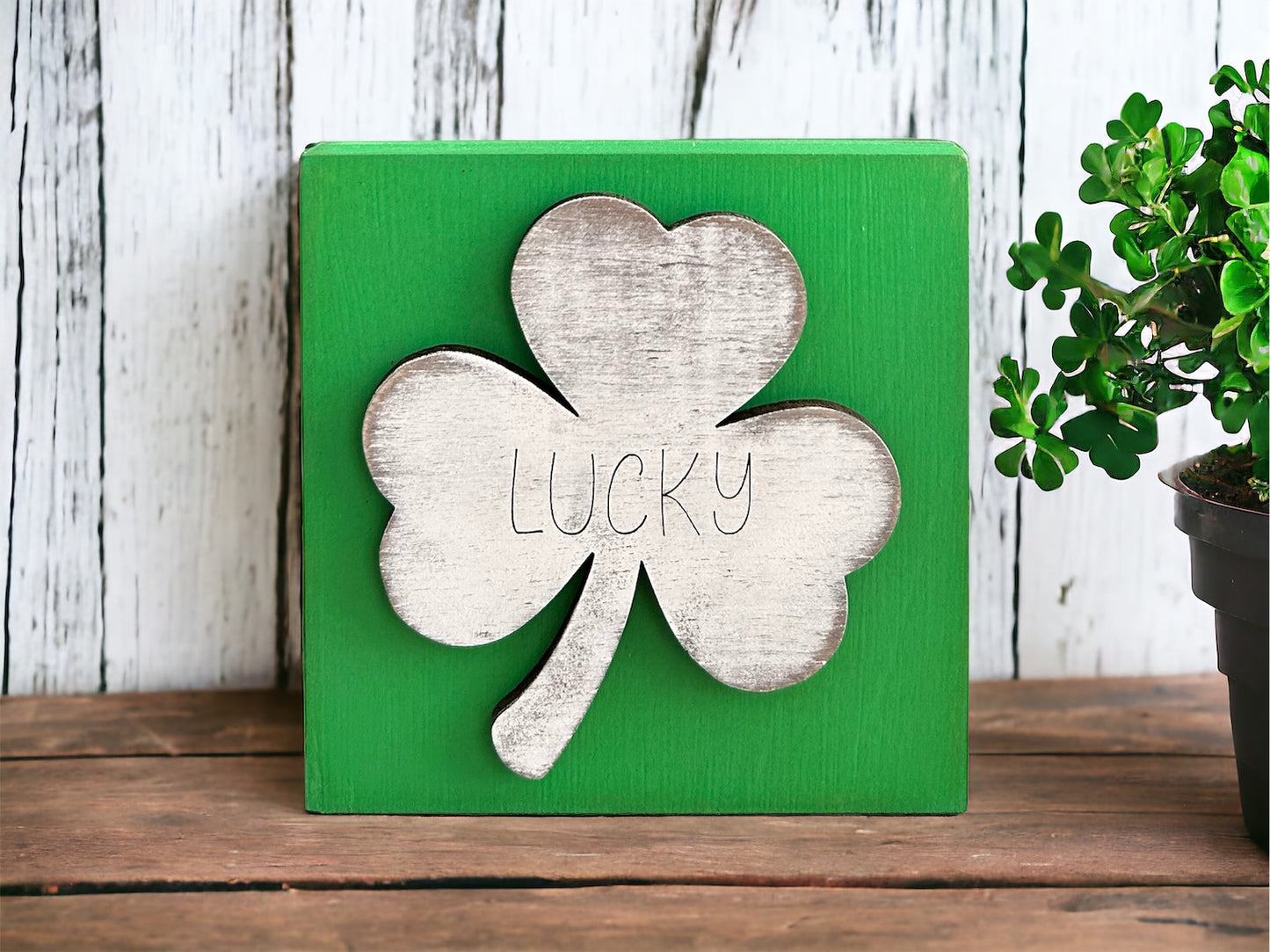 Rustic/Farmhouse Engraved “Lucky” Clover Wood Block Sign