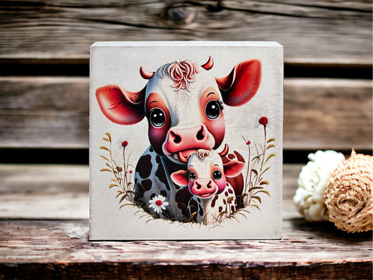 Adorable Mama and Baby Cow Wood Block Sign