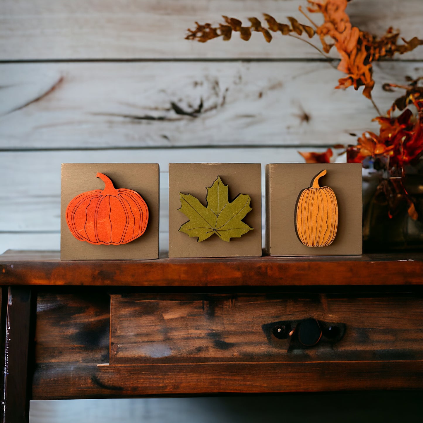 Fall/Autumn MINI Pumpkins and Leaf Wood Signs - Set of 3