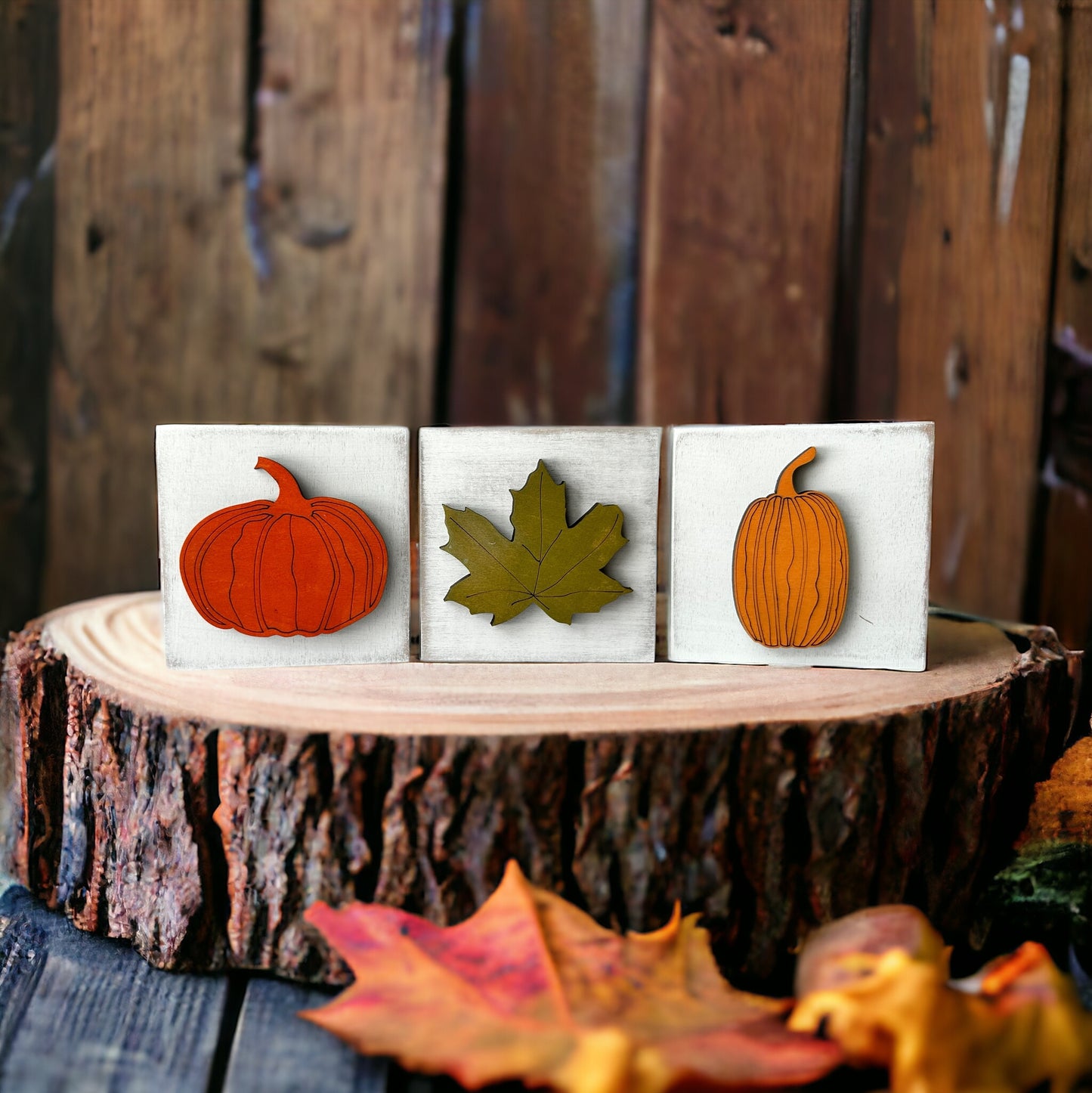 Fall/Autumn MINI Pumpkins and Leaf Wood Signs - Set of 3