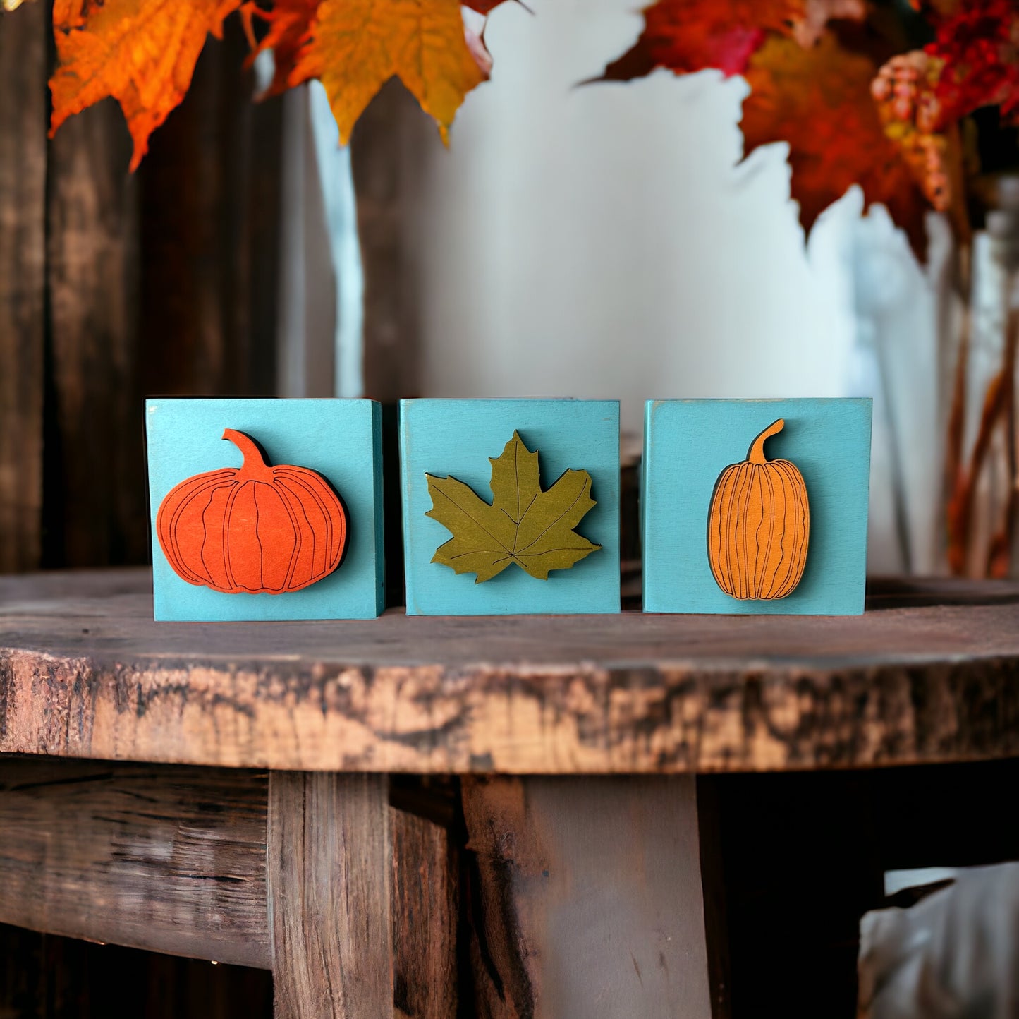 Fall/Autumn MINI Pumpkins and Leaf Wood Signs - Set of 3