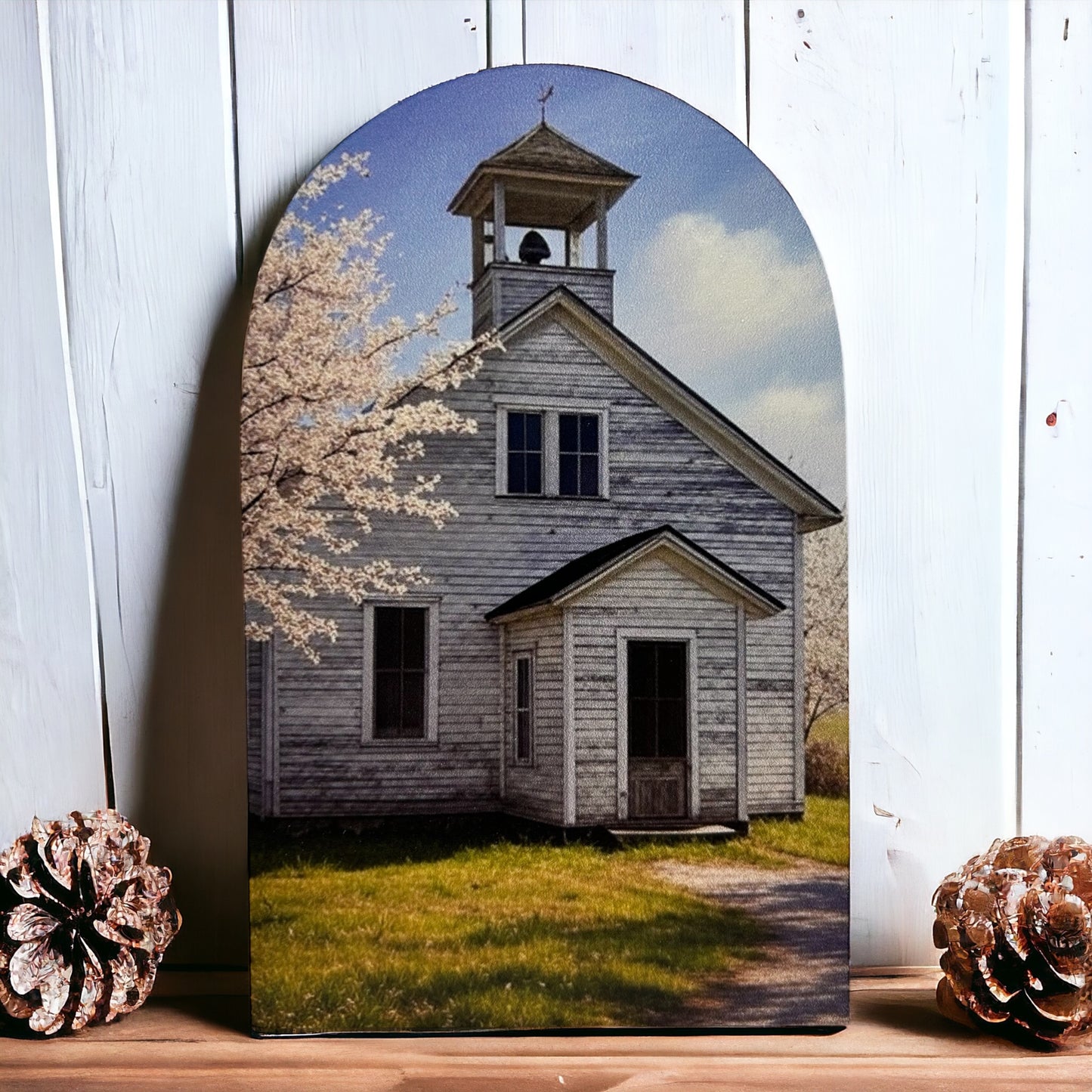 Old White Church - Printed Wood Arch - Spring 2025 Decor
