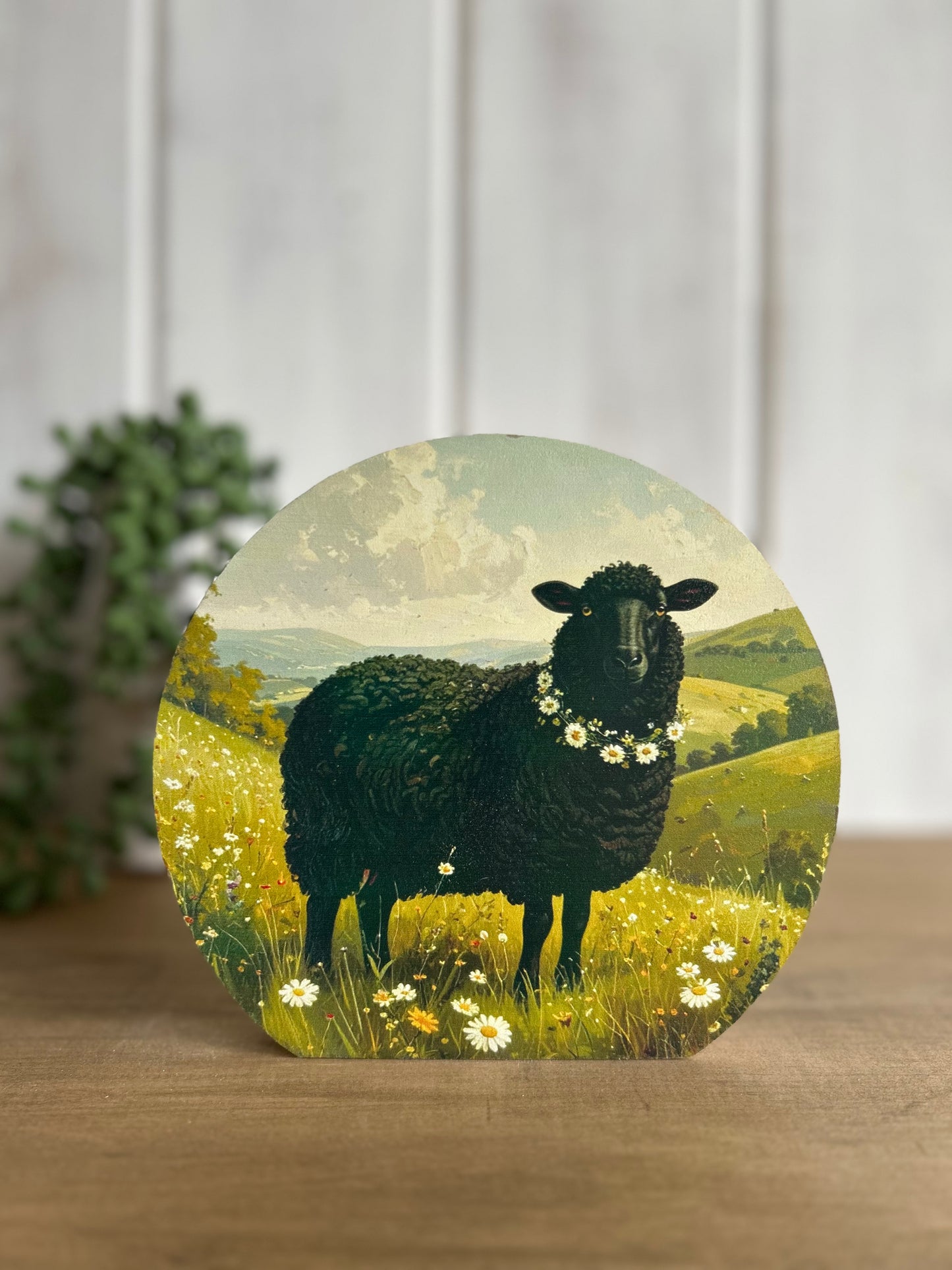 Black Sheep Wearing Flowers - Rustic Spring Decor Wood Sign
