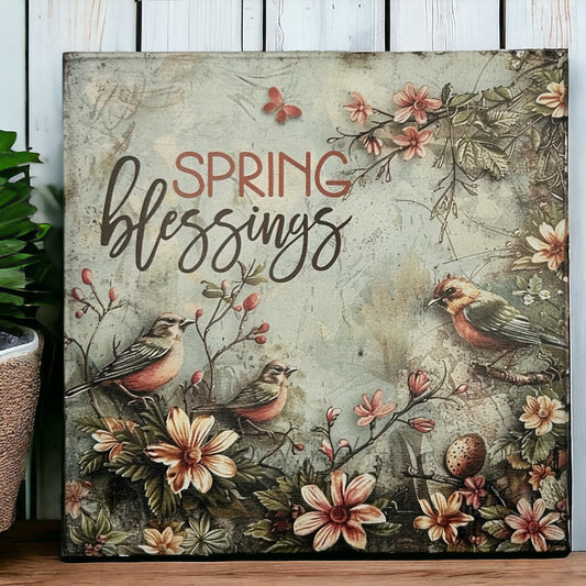 Spring Blessings - Rustic Spring Bird Decor Wood Sign