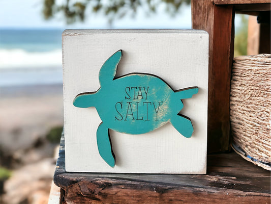 Sea Turtle "Stay Salty" Engraved Wood Rustic Block Sign