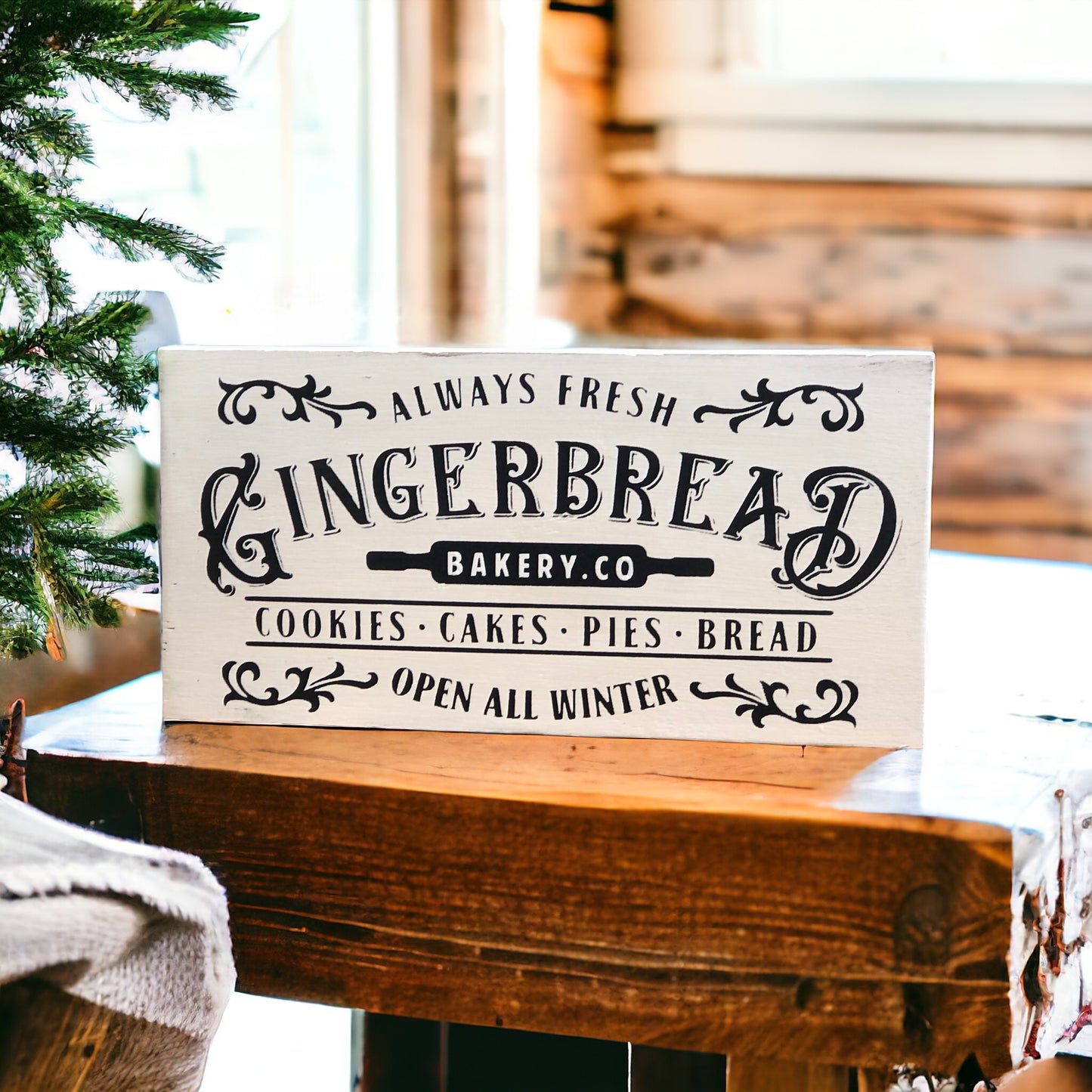 Vintage Gingerbread Bakery - Rustic Christmas White Sign