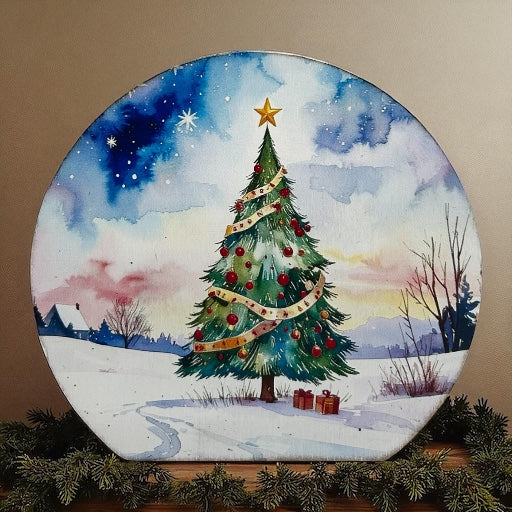 Watercolor Christmas Tree - Wood Holiday Decor Circle Sign