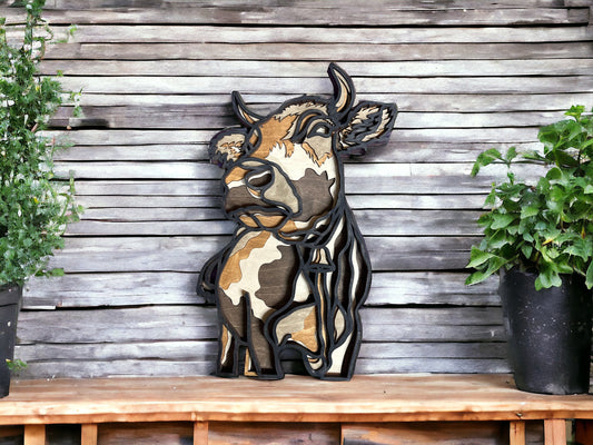 Layered Wood Cow Wall Art - Multicolored Depth