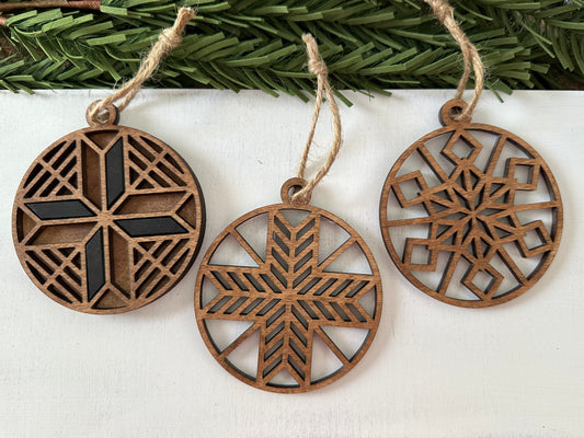 Boho Wood Christmas Ornaments - Set of 3