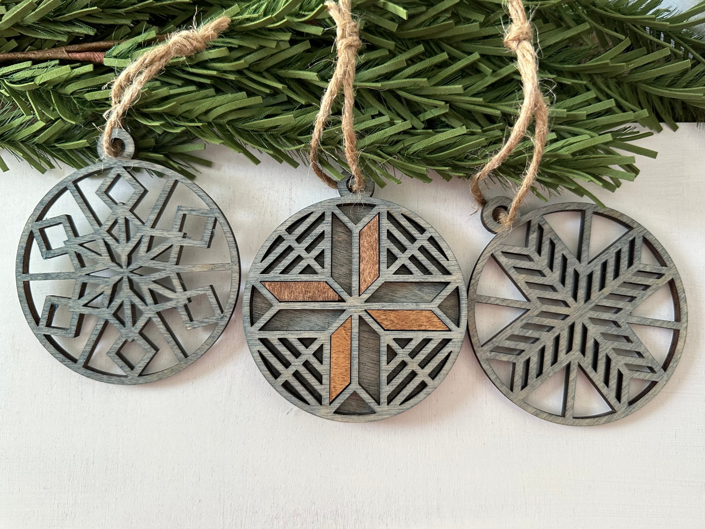 Boho Wood Christmas Ornaments - Set of 3