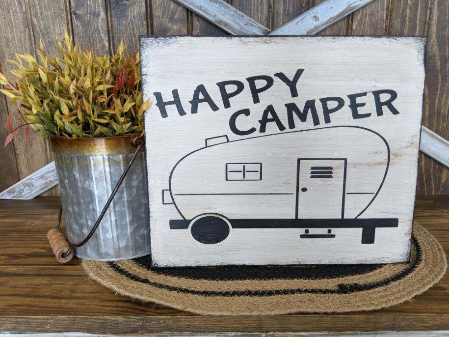 Happy Camper - Rustic Wood White Sign